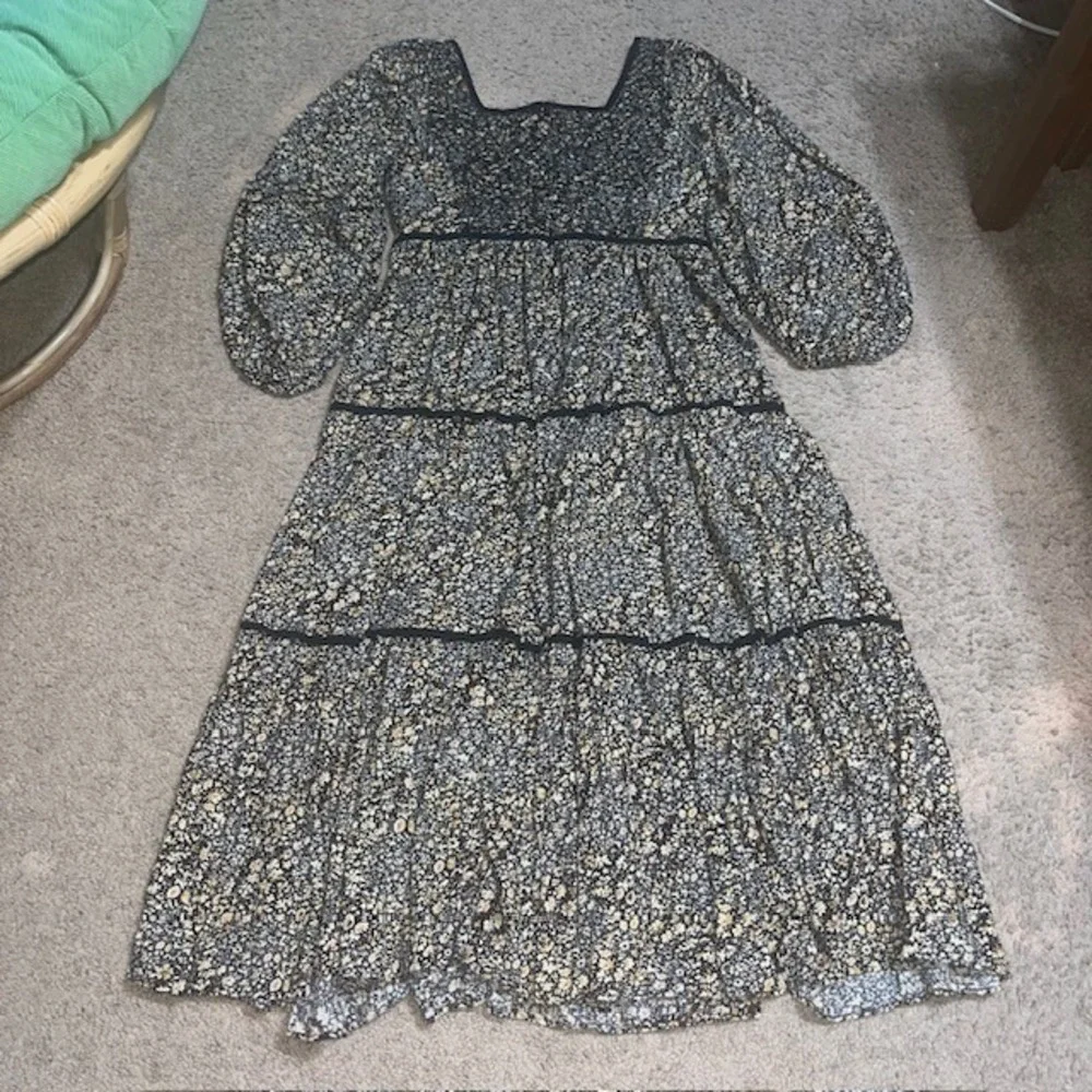 Madewell Cottage Garden Embroidered‎ Tiered Puff Sleeve Midi Dress Black 10